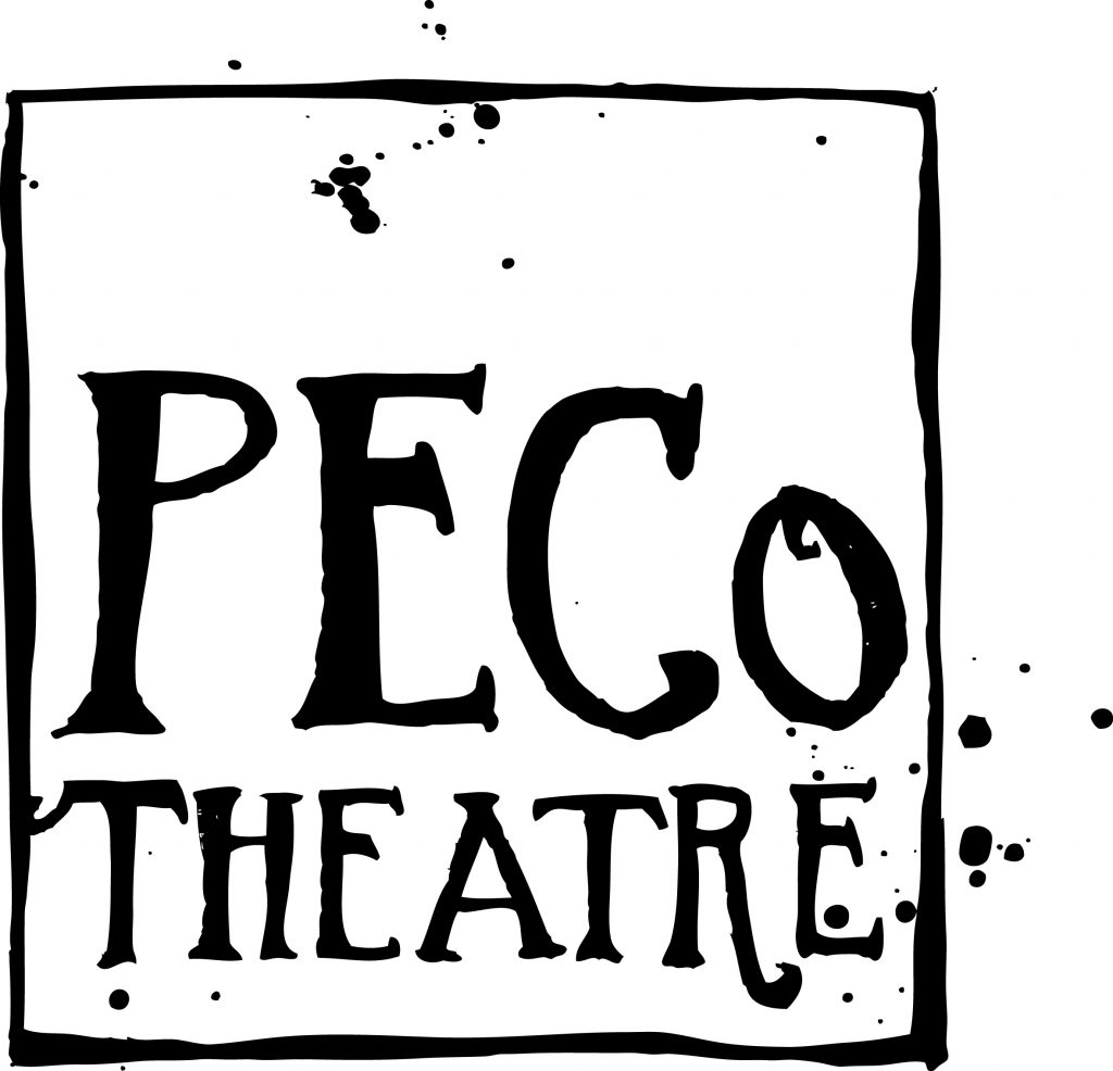 The PECo theatre logo depicts the words PECo theatre in messy black paint splashed writing inside a roughly drawn black box