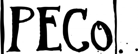 The PECo theatre logo depicts the words PECo theatre in messy black paint splashed writing inside a roughly drawn black box