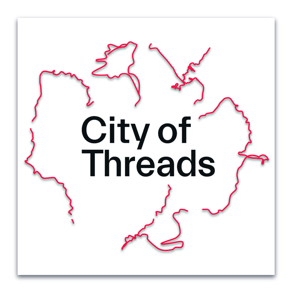 The City of Threads logo is square in shape with the words City of Threads situated in the centre; black text on white background. Fine red wiggly lines emanate out from the title words, tracing fragments of actual journeys featured in the podcast.