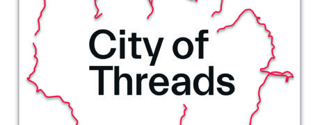 The City of Threads logo is square in shape with the words City of Threads situated in the centre; black text on white background. Fine red wiggly lines emanate out from the title words, tracing fragments of actual journeys featured in the podcast.